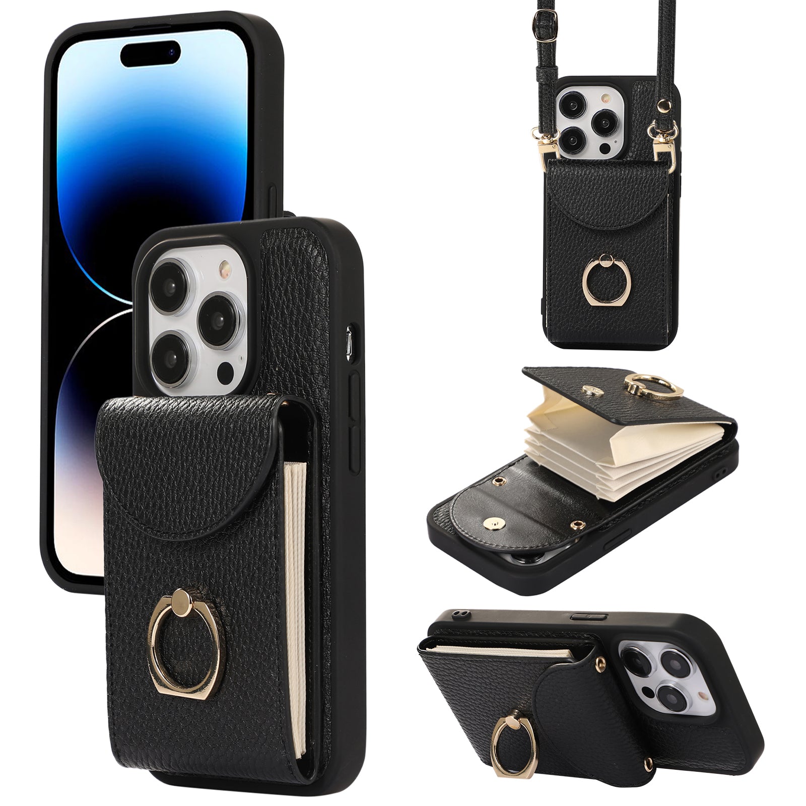 For iPhone 14 Pro Ring Kickstand Phone Case Accordion Style Card Slots Leather Coated TPU Cover with Shoulder Strap For iPhone 14 Pro Ring Kickstand Phone Case Accordion Style Card Slots Leather Coated TPU Cover with Shoulder Strap